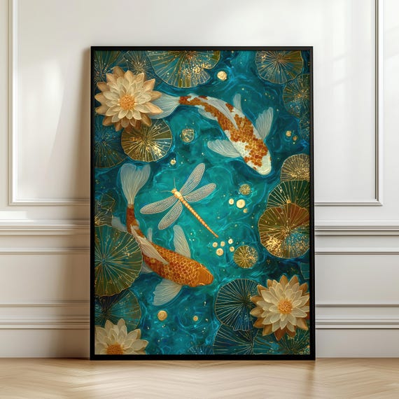 Japanese Koi Fish Pond Art Print, Zen Decor