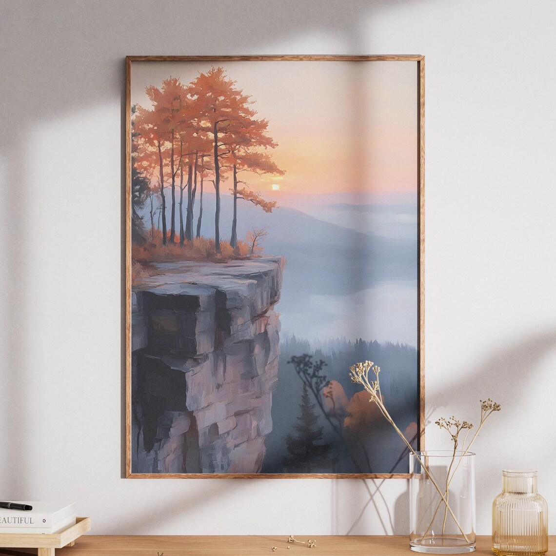 Autumn Cliff Sunset Poster with Pine Trees Overlooking Misty Mountain Valley