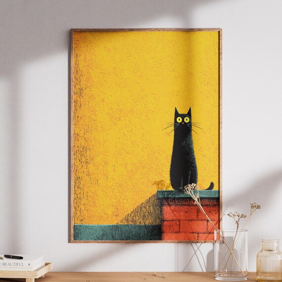 Black Cat Minimalist Art Print Bold Yellow Wall Decor Cute Animal