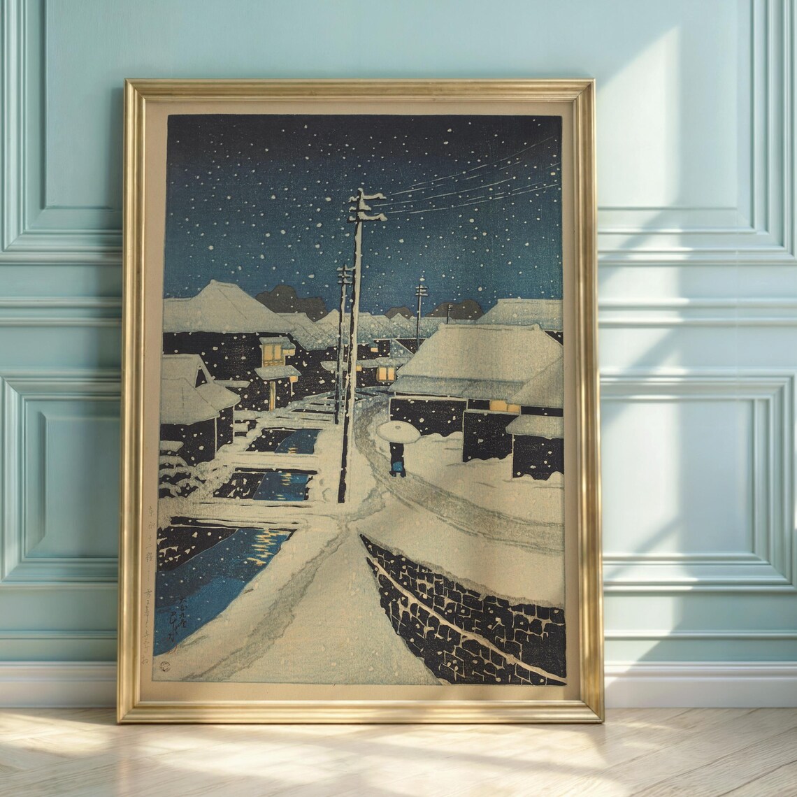 Hasui Kawase Winter Village Snow Night Japanese Woodblock Art Print