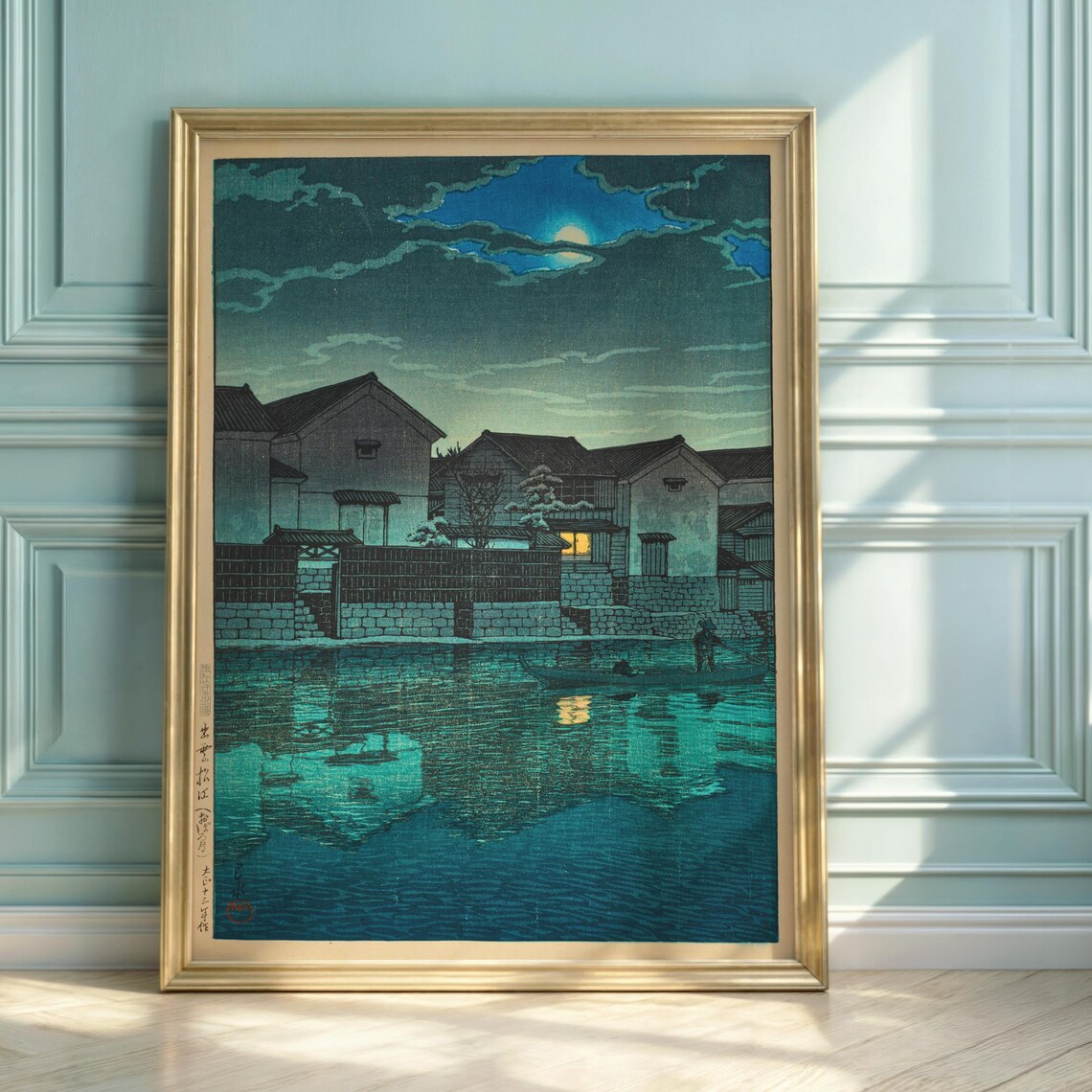 Hasui Kawase Izumo Moonlit Harbor Night Water Reflection Woodblock Poster