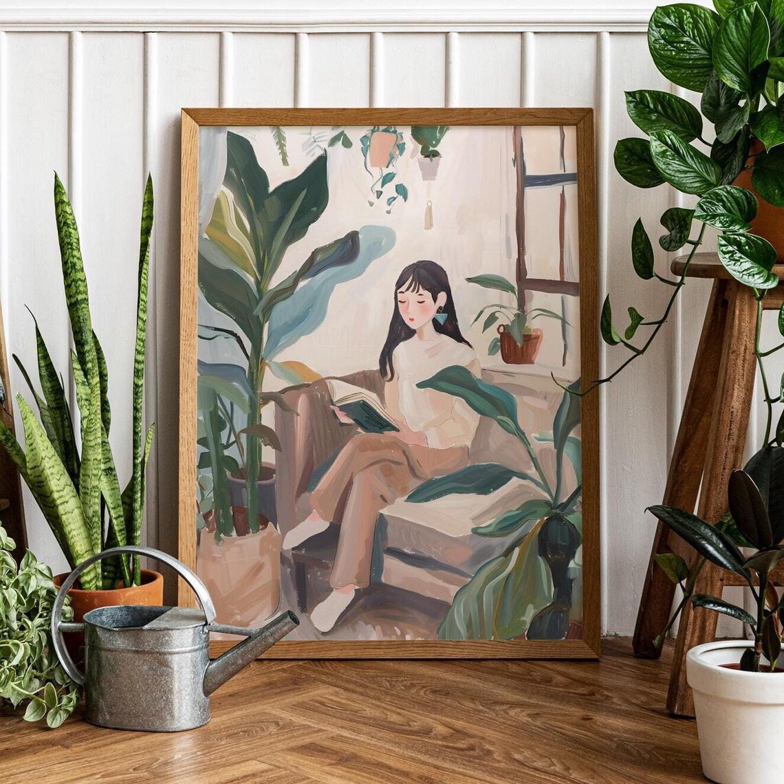 Cozy Reading Corner Woman Among Houseplants Illustration Poster - Image 3