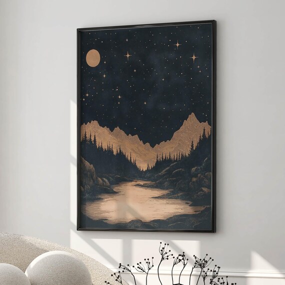 Gold Moonlit Mountains Starry Night Sky Reflective Lake Wall Art