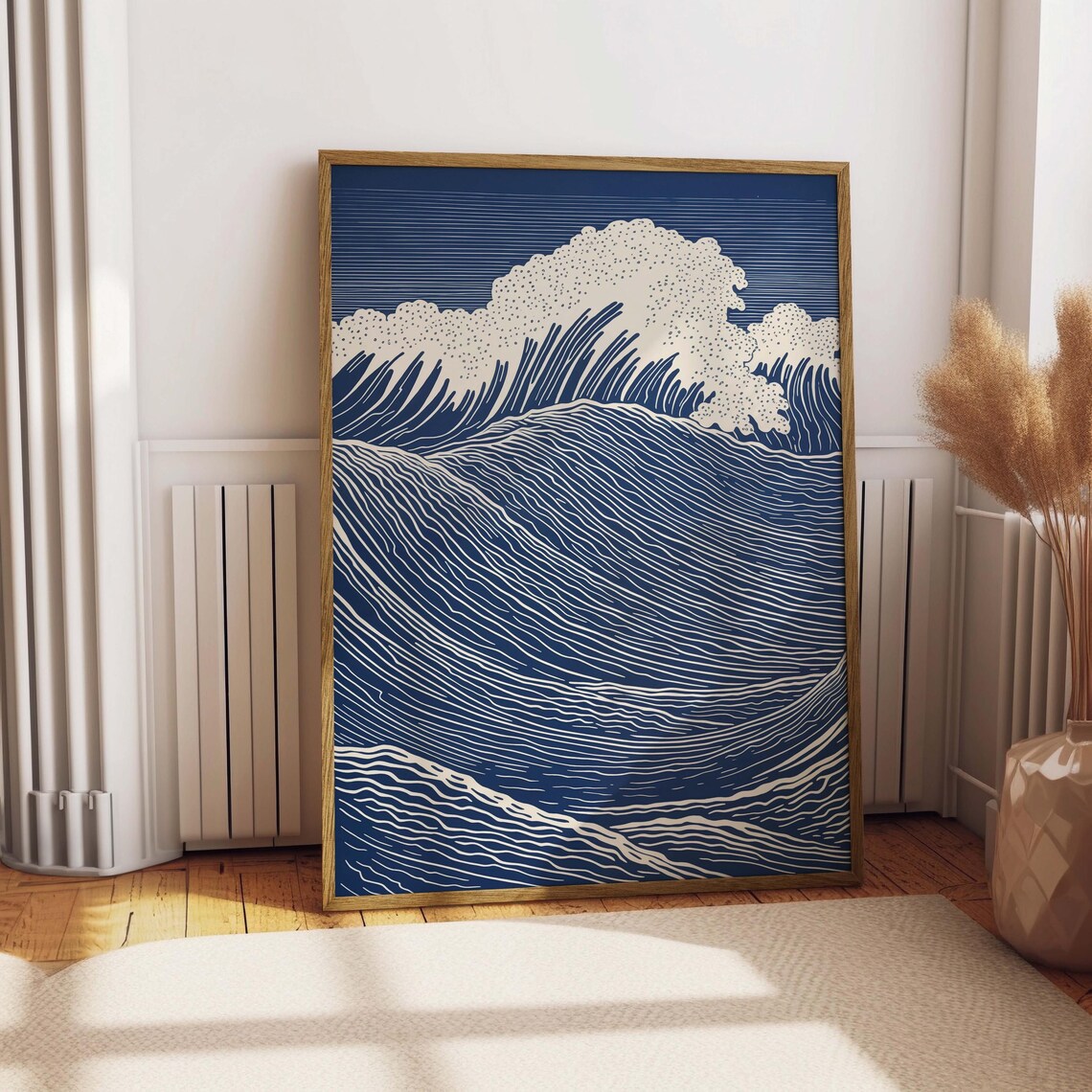 Linocut Wave Print, Retro Japan Ocean Art