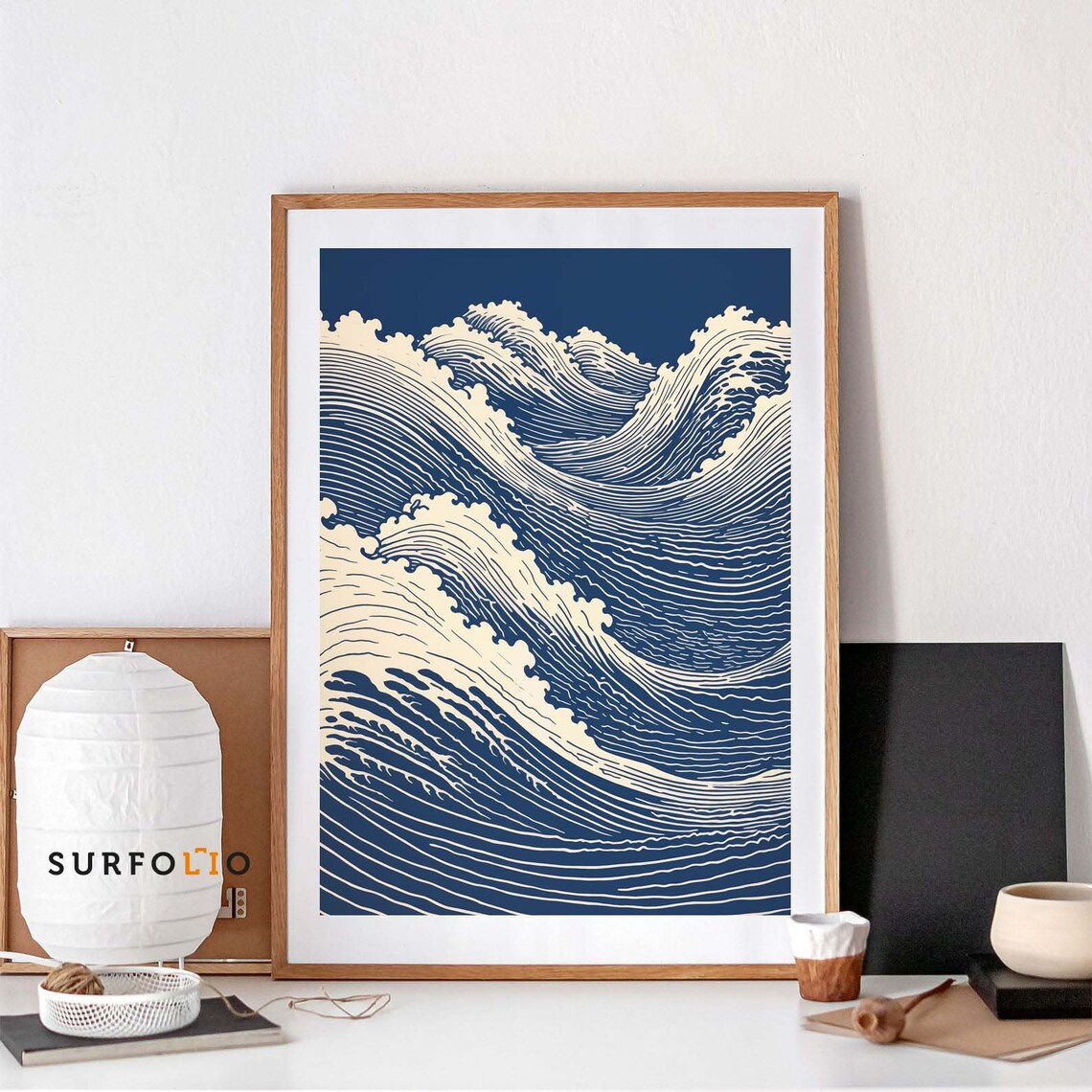 Linocut Wave Print, Retro Japan Ocean Seascape