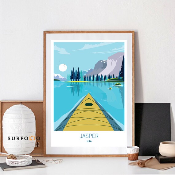 Jasper USA Yellow Kayak Mountain Lake Travel Style Art Poster