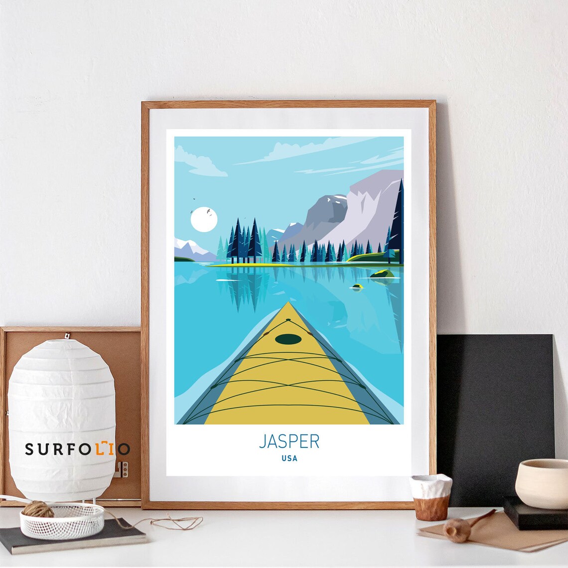 Jasper USA Yellow Kayak Mountain Lake Travel Style Art Poster