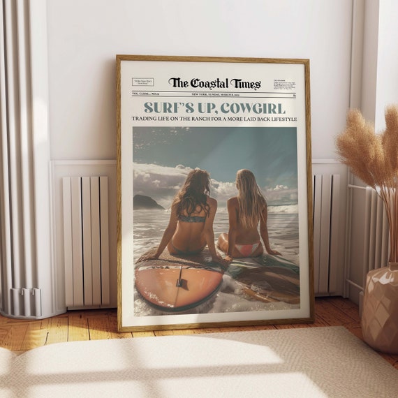 Retro Surf Cowgirl Newspaper Print Digital Download