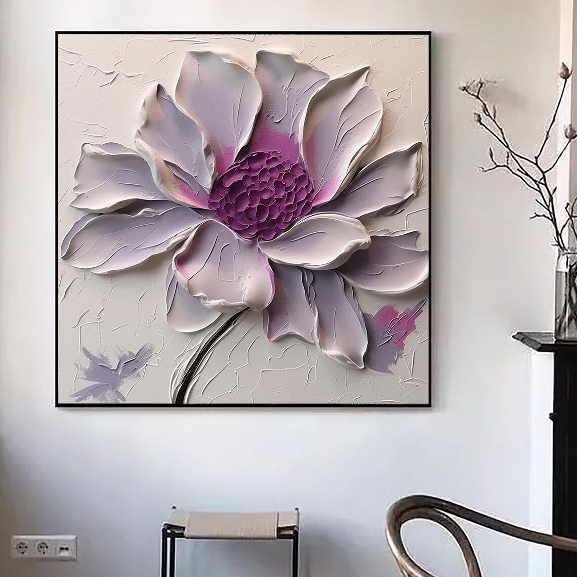 Lavender White Flower Magenta Center 3D Impasto Floral Square Poster