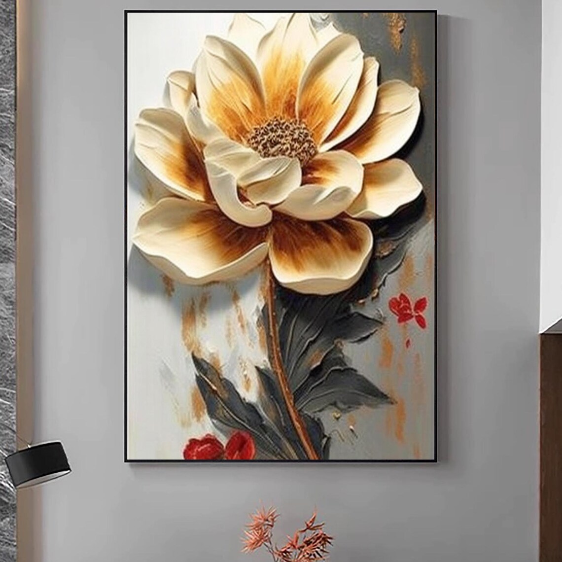 Cream White Flower Golden Center 3D Impasto Floral Wall Poster