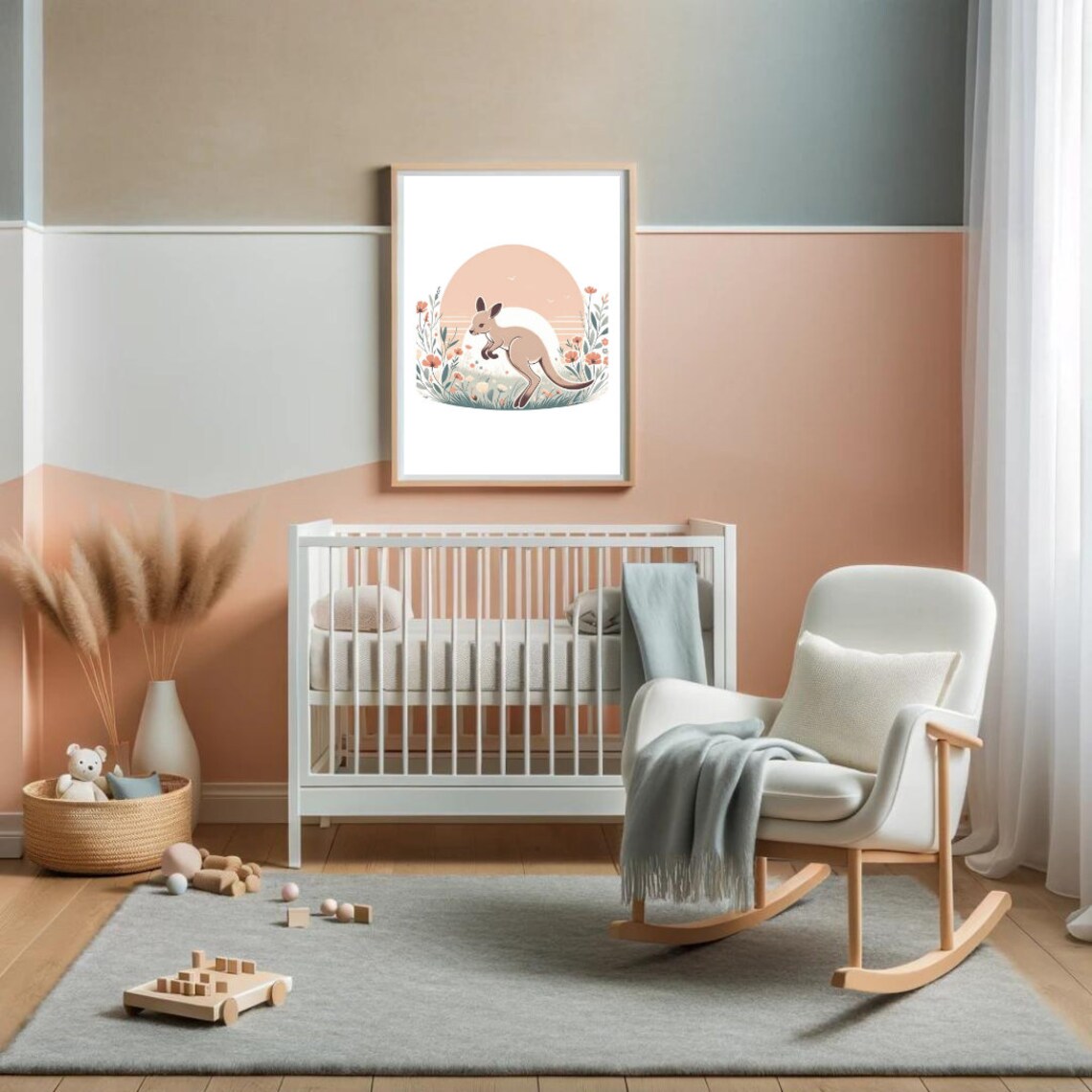 Kangaroo Joey Sunrise Wildflowers Pastel Nursery Illustration Wall Art