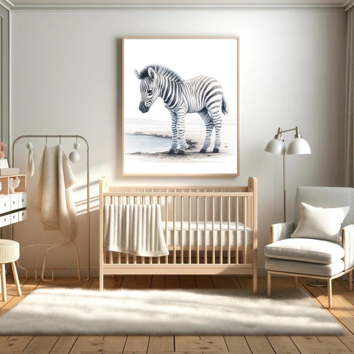 Baby Zebra Foal Waterhole Gentle Watercolor Safari Nursery Wall Art - Image 5