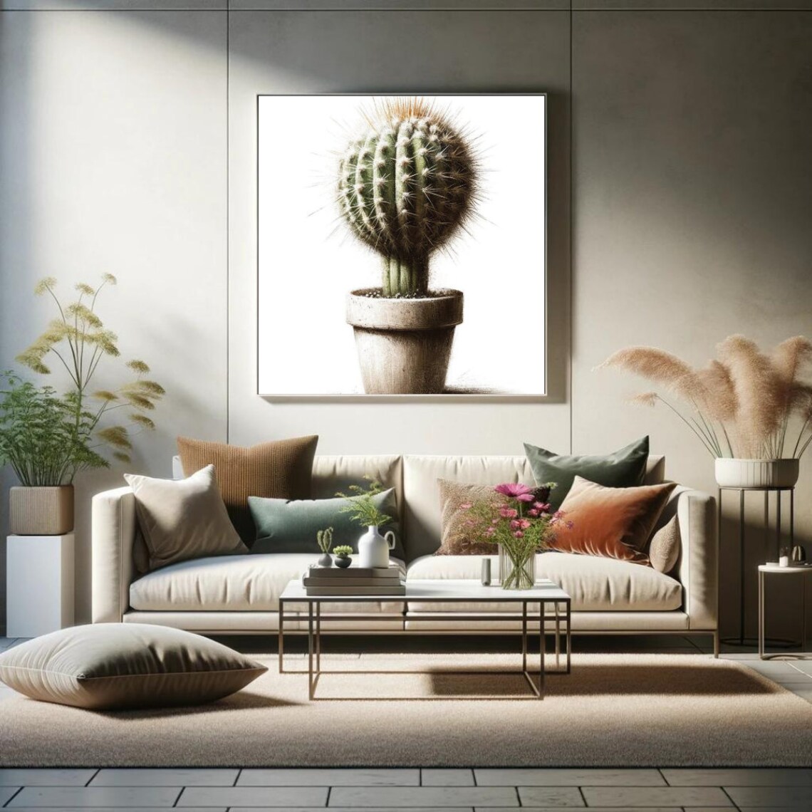 Small Barrel Cactus Stone Pot Minimalist Desert Watercolor Poster - Image 3