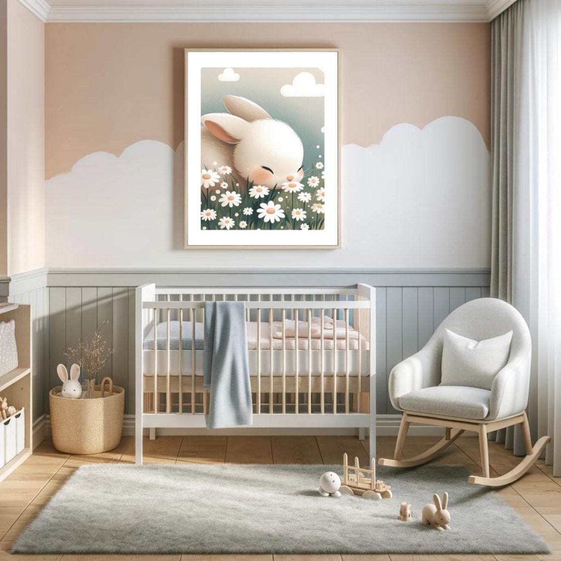 Adorable White Bunny Sniffing Daisies Spring Nursery Wall Poster - Image 4