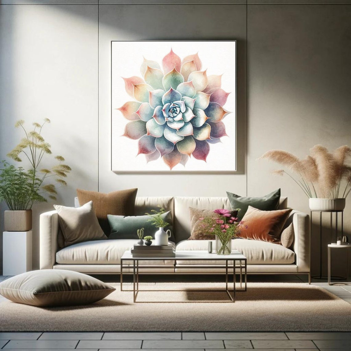Rainbow Pastel Succulent Rosette Serene Watercolor Botanical Poster - Image 4