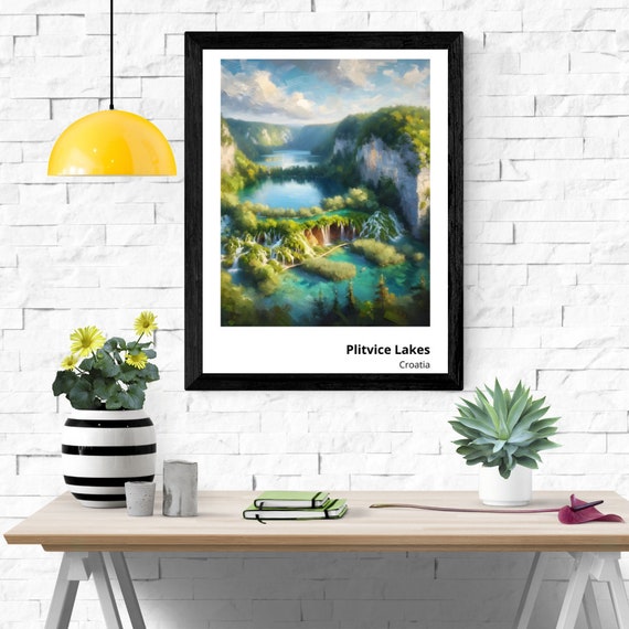 Plitvice Lakes Art Print Enchanting Painting Of Croatian Waterfalls Serene Wall Decor Natures Paradise Landscape Art