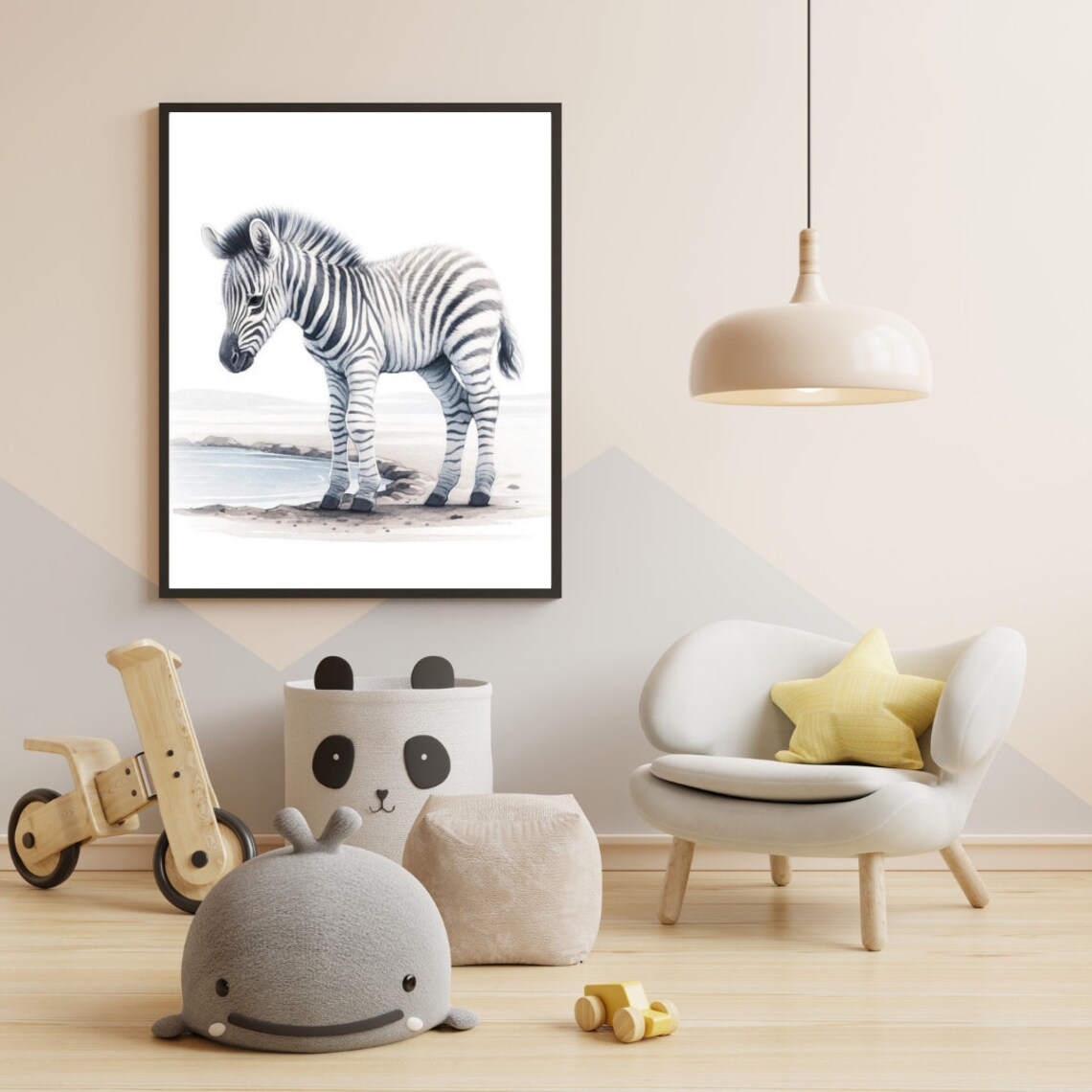 Baby Zebra Foal Waterhole Gentle Watercolor Safari Nursery Wall Art - Image 2