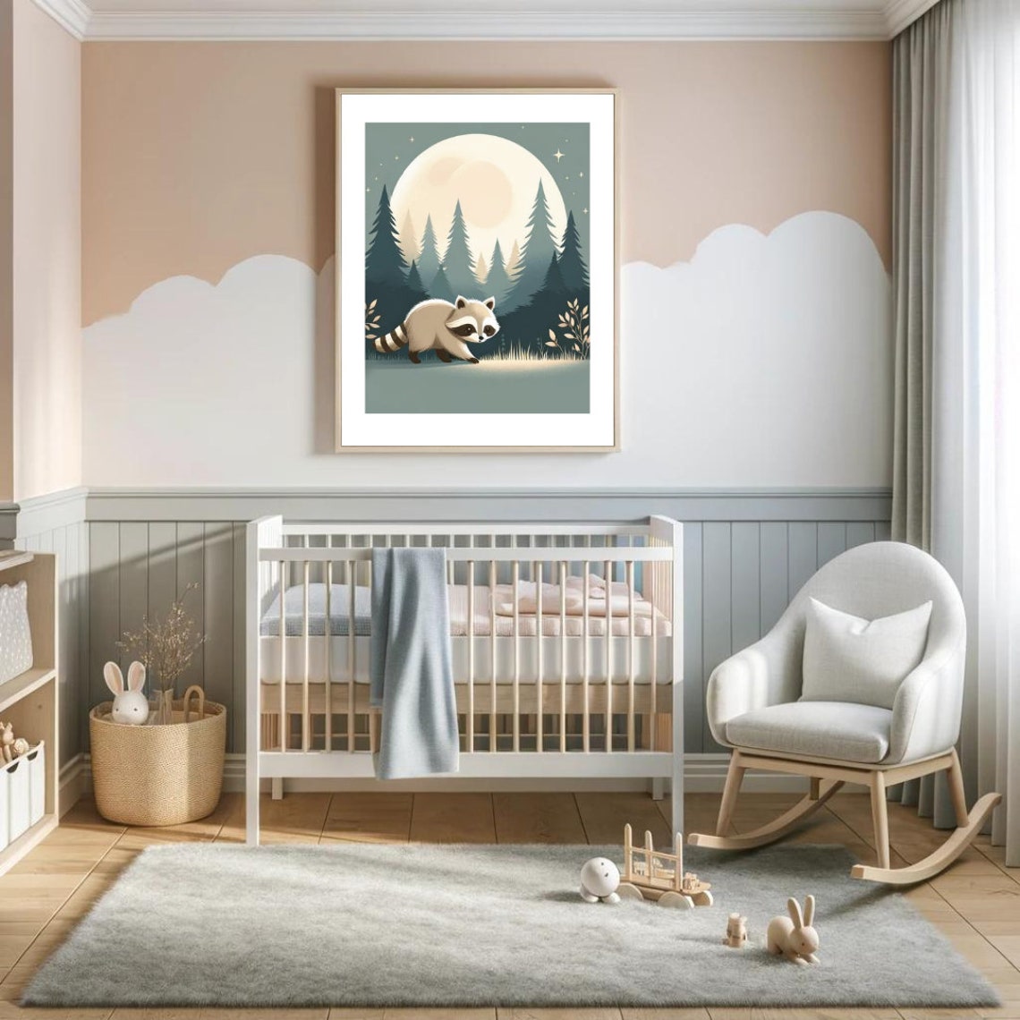 Raccoon Moonlit Pine Forest Circular Kids Night Nursery Poster - Image 3