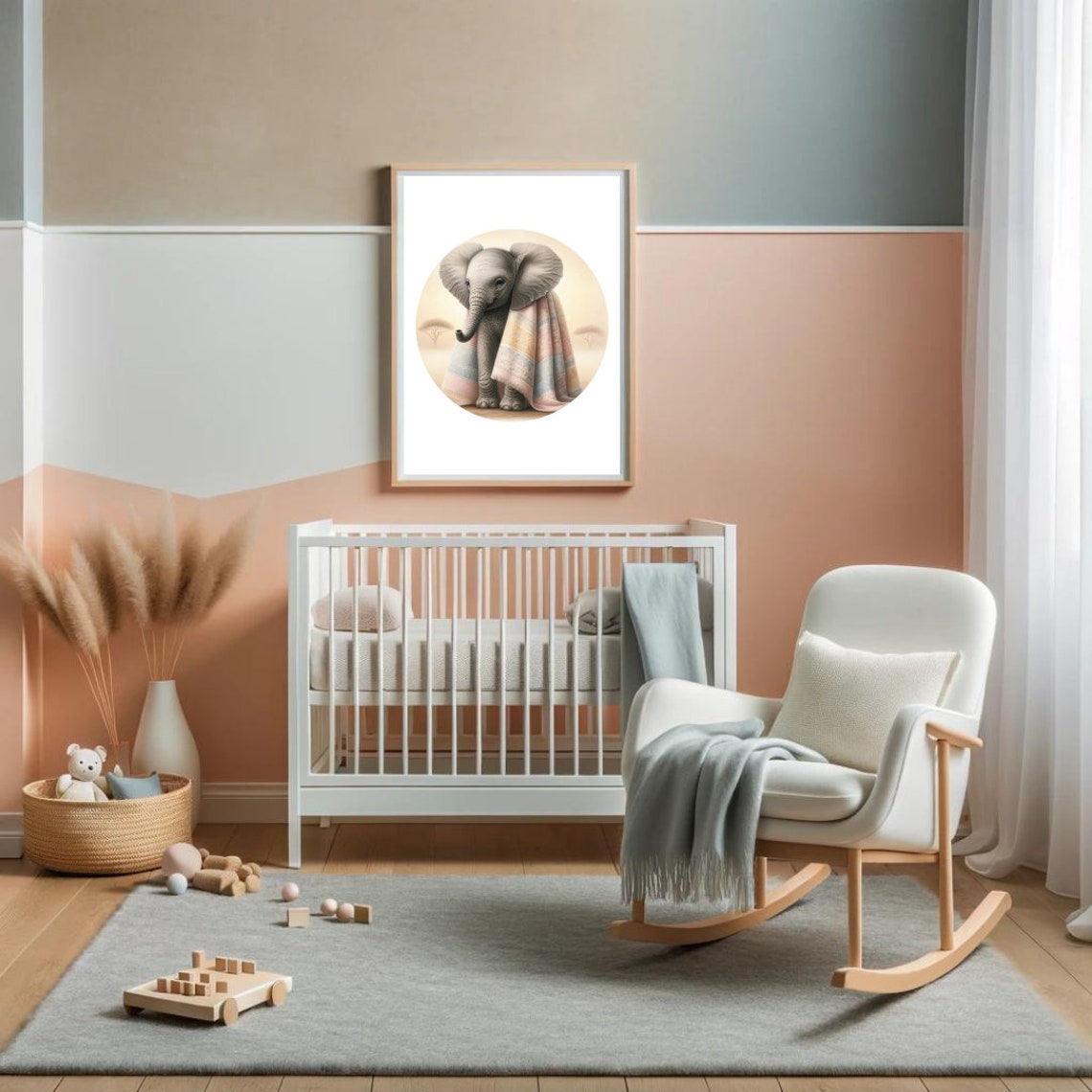 Baby Elephant Wrapped In Pastel Blanket Savanna Nursery Poster - Image 5