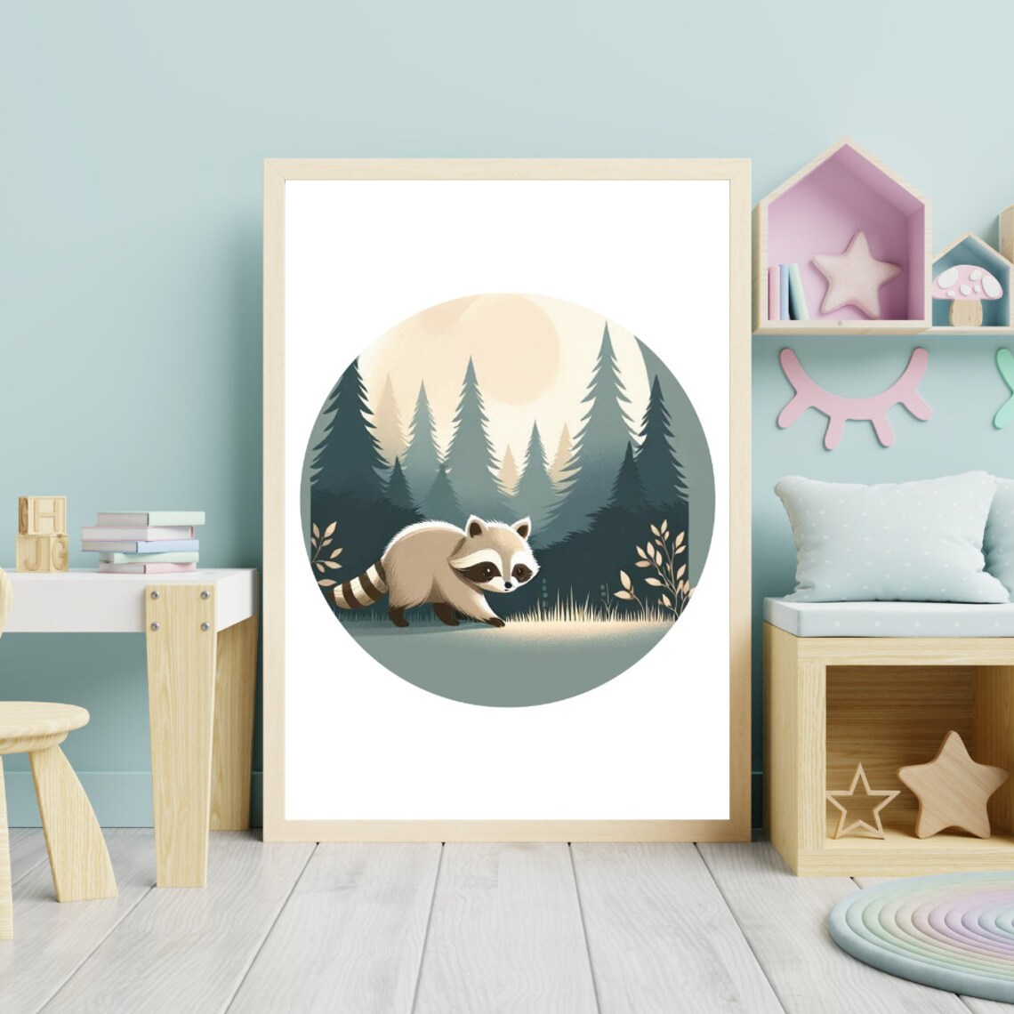 Raccoon Moonlit Pine Forest Circular Kids Night Nursery Poster