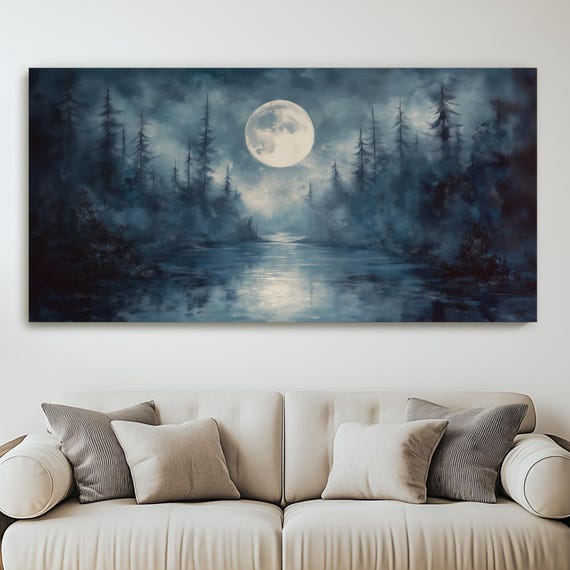 Mystical Moonlit Forest Painting On Canvas Silver Glow Through The Trees Giclee Fine Art Dreamlike Dark Ethereal Nature Framed Wall Print