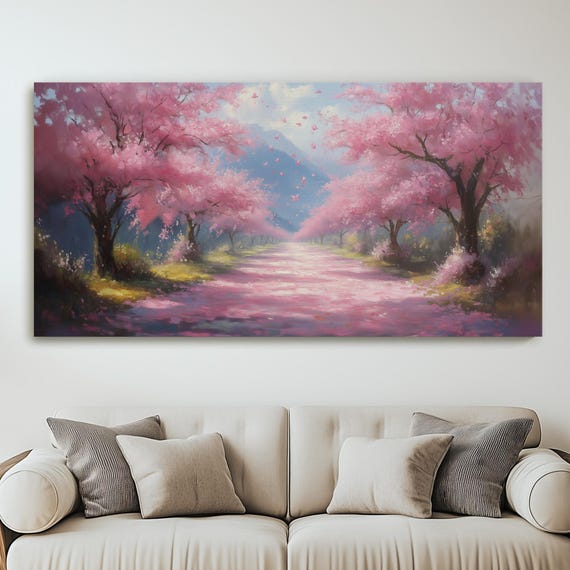 Cherry Blossom Orchard Canvas Painting Soft Pink Petals In Bloom Spring Landscape Tranquil Nature Scene Giclee Fine Art Wall Print