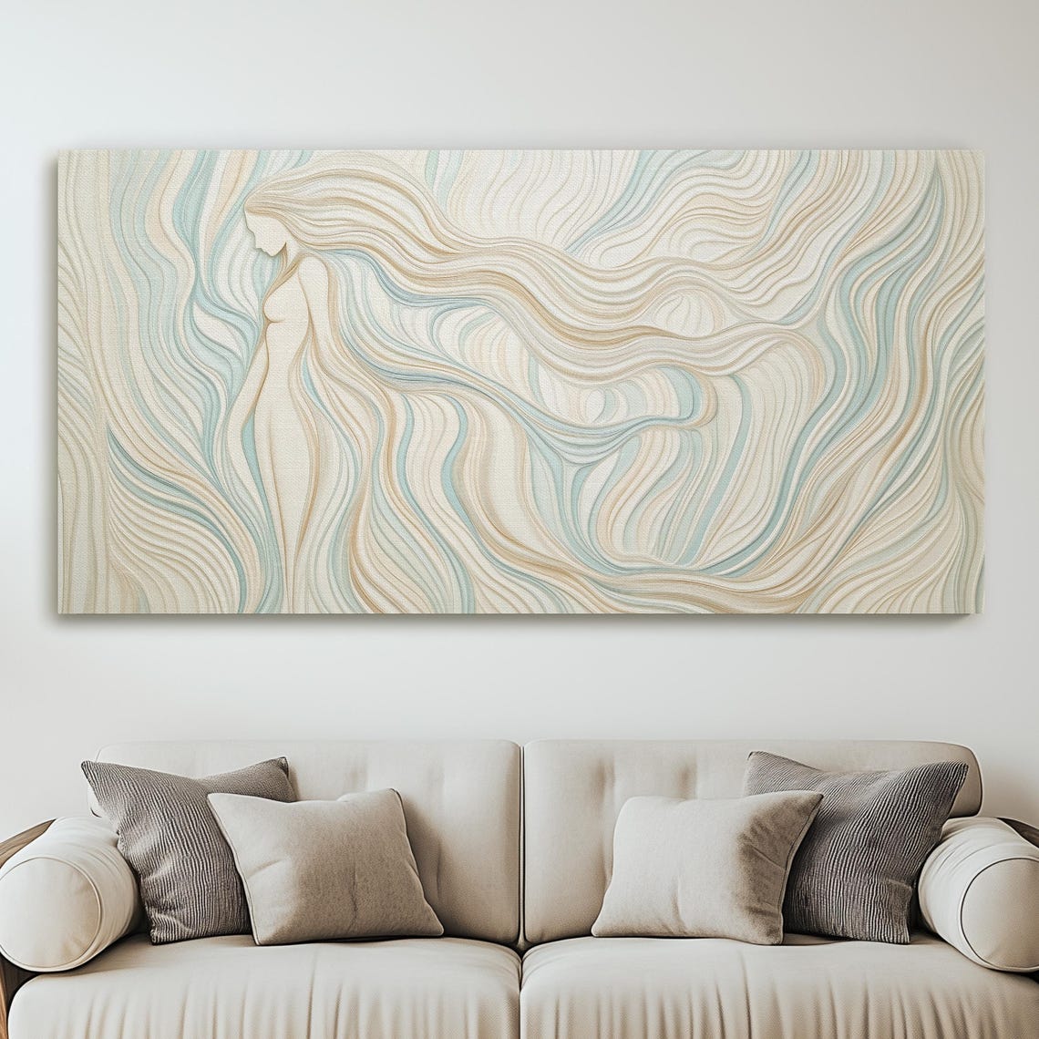 Wavy Abstract Woman Canvas Art Soft Blue Teal Lines Expressive Wall Decor Minimalist White Design For Modern Home And Fine Spaces