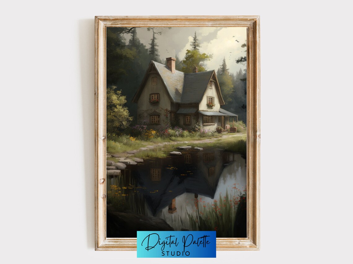 Dreamy Cottage By The Lake, Nature Landscape Art Print