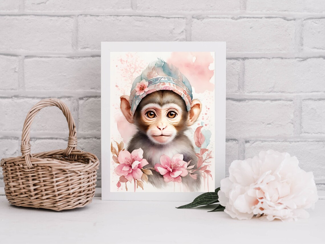 Baby Monkey Floral Headband Watercolor Nursery Animal Art Poster - Image 3