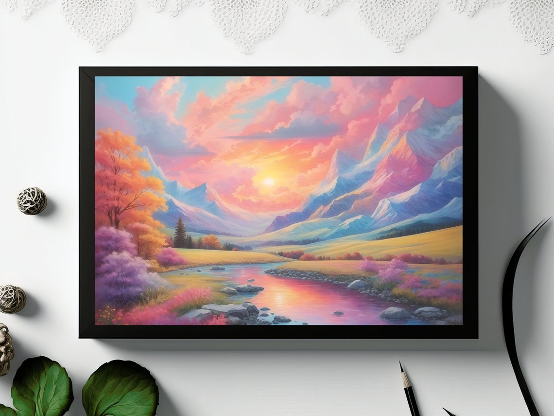 Pink Sunset Mountain Valley River Landscape Art Painting Poster - Image 3