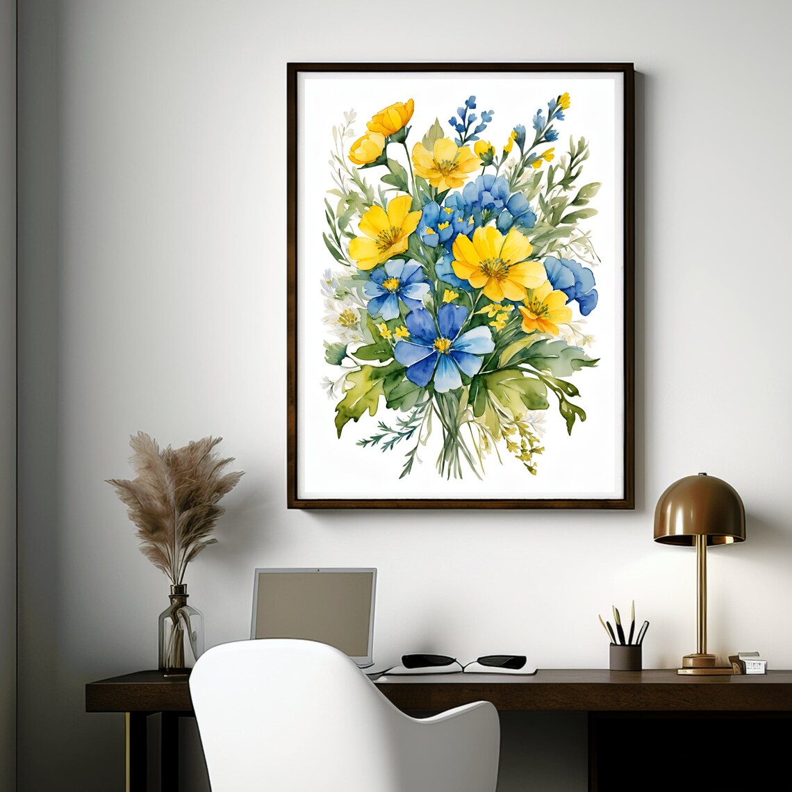 Blue and Yellow Flower Watercolor Art Print - Image 2
