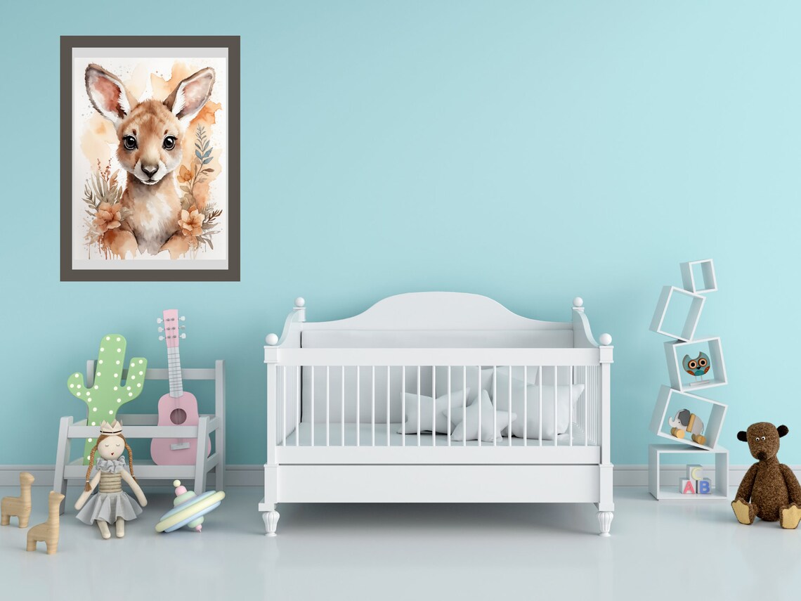 Cute Baby Kangaroo Floral Watercolor Nursery Animal Art Poster - Image 3