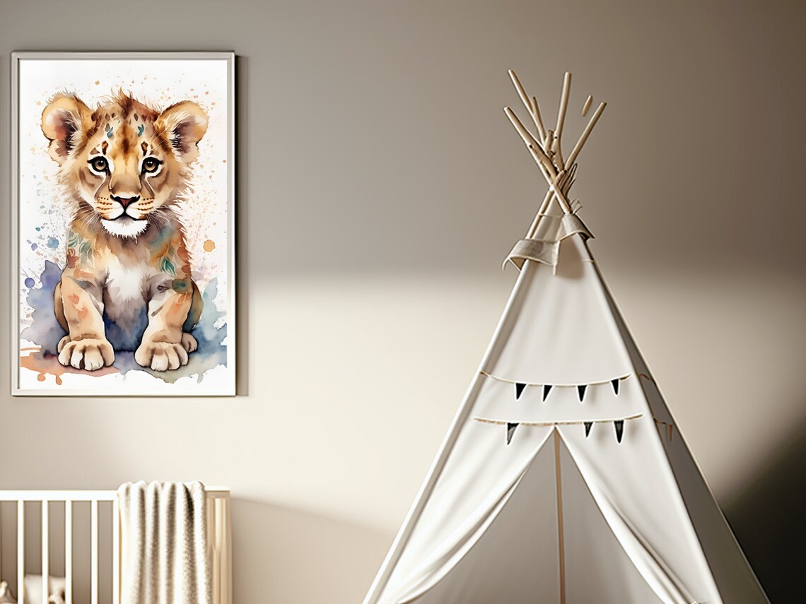 Baby Lion Cub Cute Watercolor Splash Animal Nursery Art Poster - Image 3