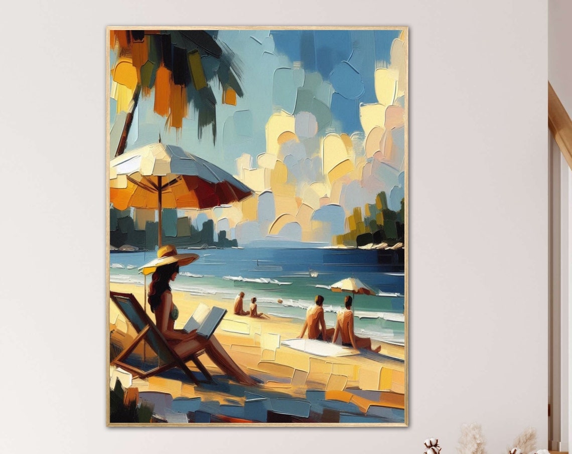 Woman Reading Under Umbrella on a Calm Bay Impasto Art Poster