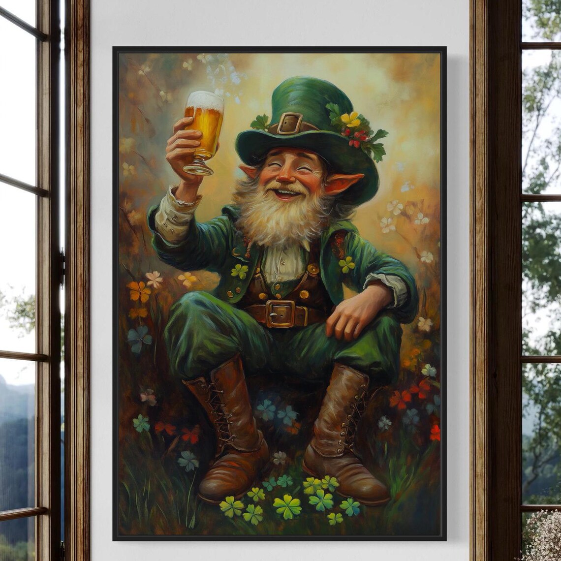 Cheerful Leprechaun Raising Beer Glass Among Shamrock Meadow Poster