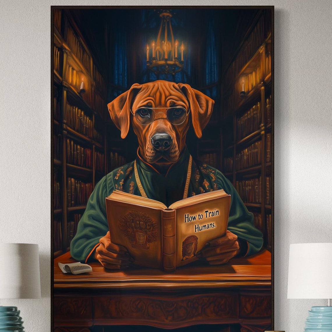 Rhodesian Ridgeback Reading How to Train Humans Book Library Poster