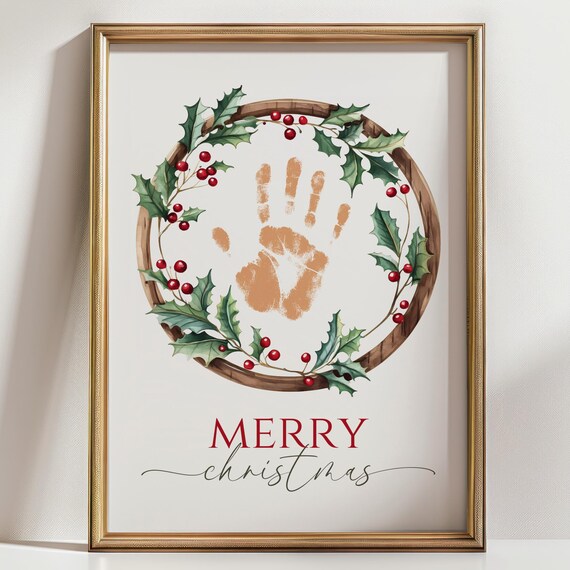 Merry Christmas Handprint Holly Wreath Keepsake Poster in Red and Green
