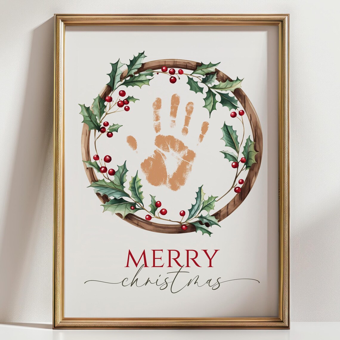 Merry Christmas Handprint Holly Wreath Keepsake Poster in Red and Green
