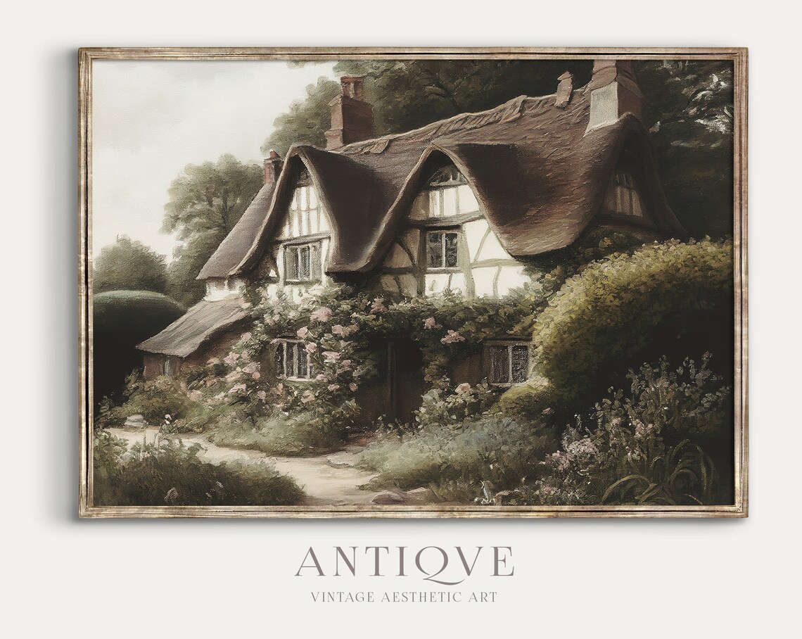 English Thatched Cottage With Roses Art Print