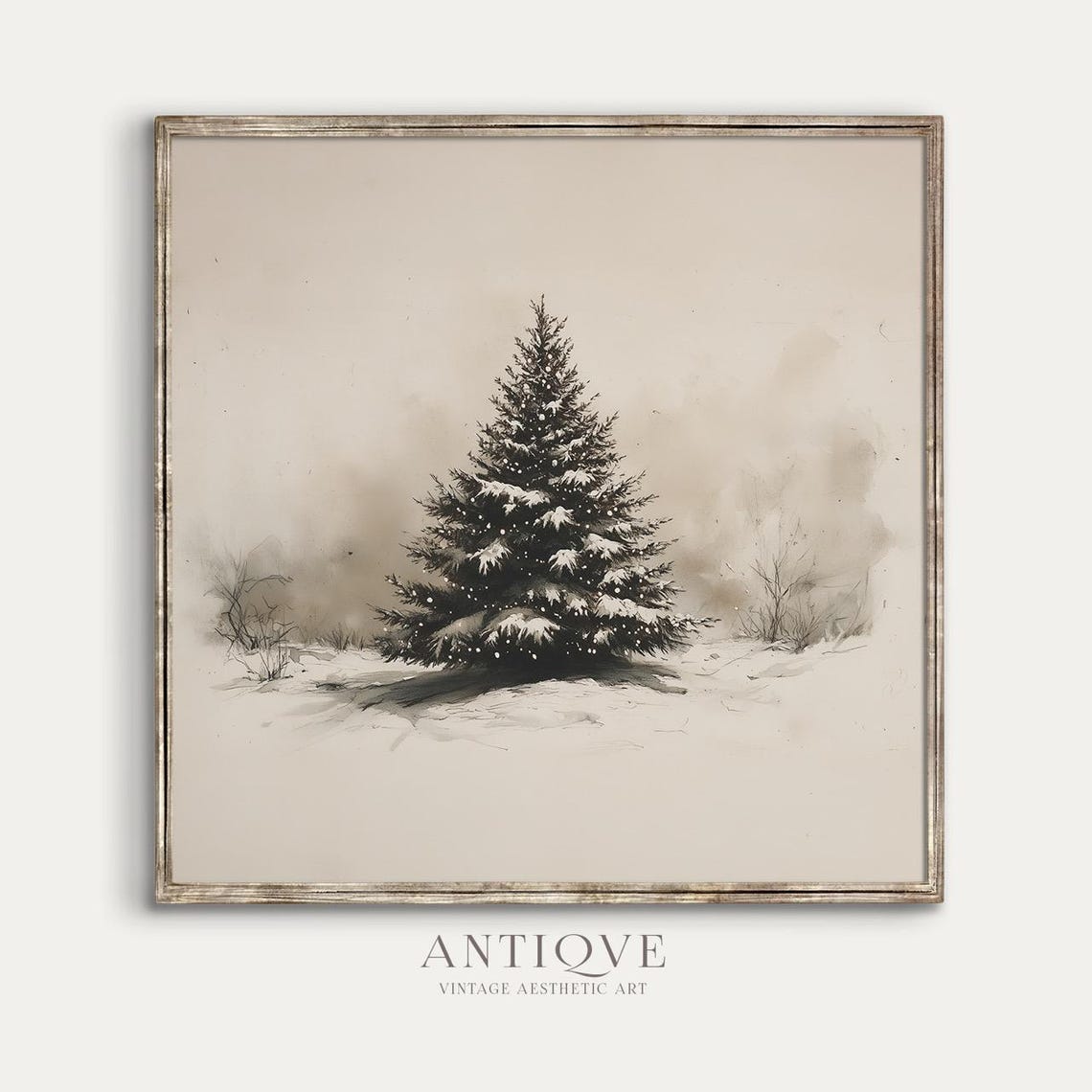 Snowy Pine Tree Vintage Neutral Sketch Rustic Winter Square Print