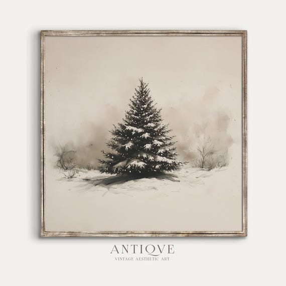 Square Snowy Pine Tree Print Neutral Fir Tree Sketch Rustic Holiday Decor 2546sq