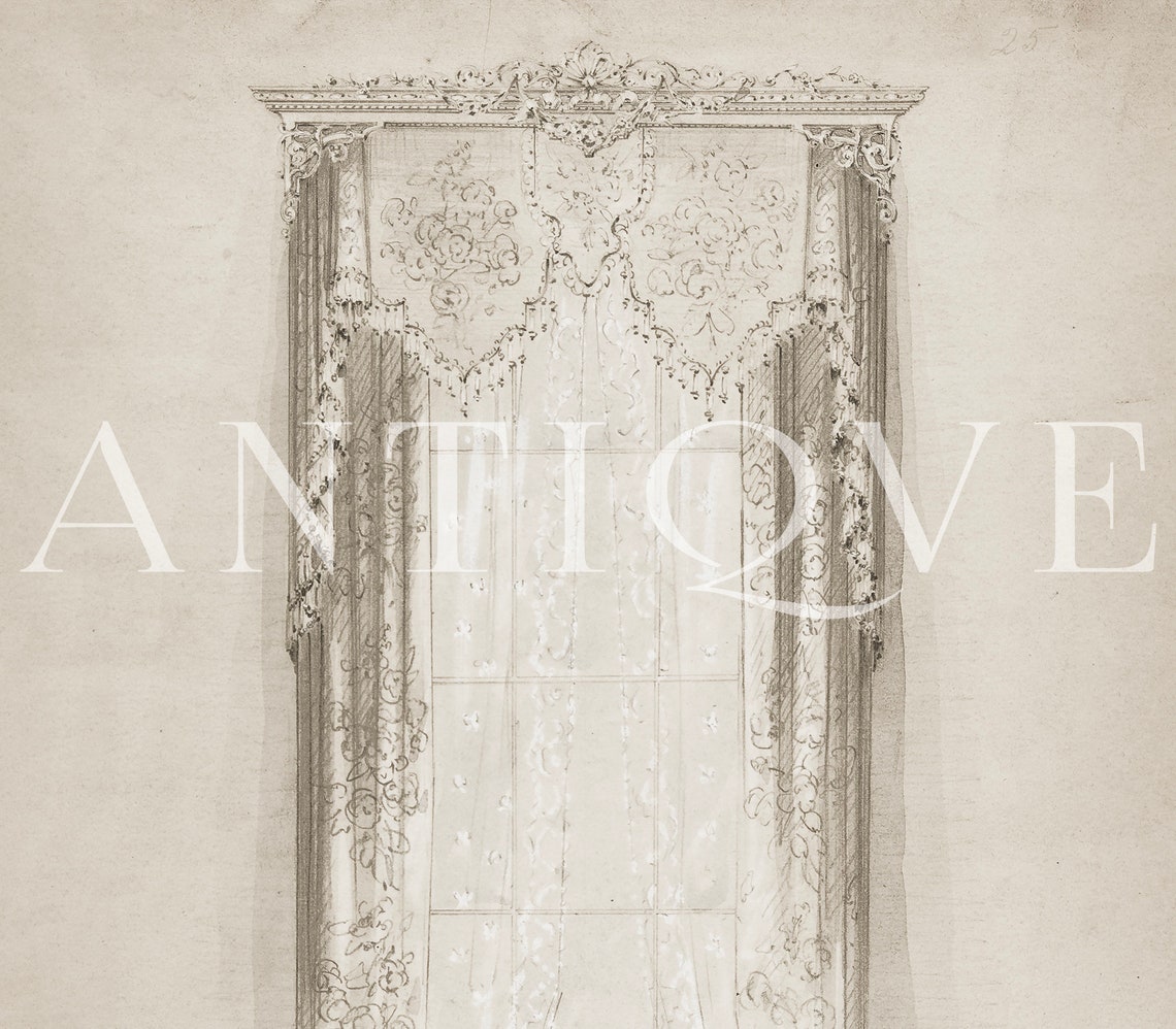 Victorian Ornate Window Drapery Curtain Design Sketch Drawing Poster - Image 3