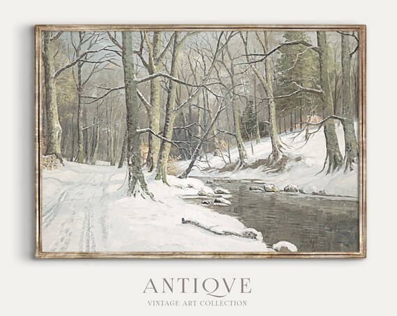 Vintage River Winter Woods Oil Painting