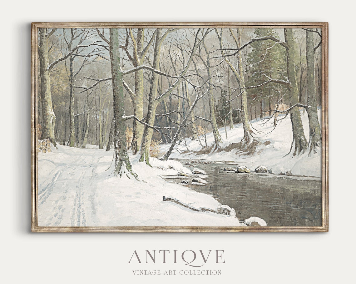 Vintage River Winter Woods Oil Painting