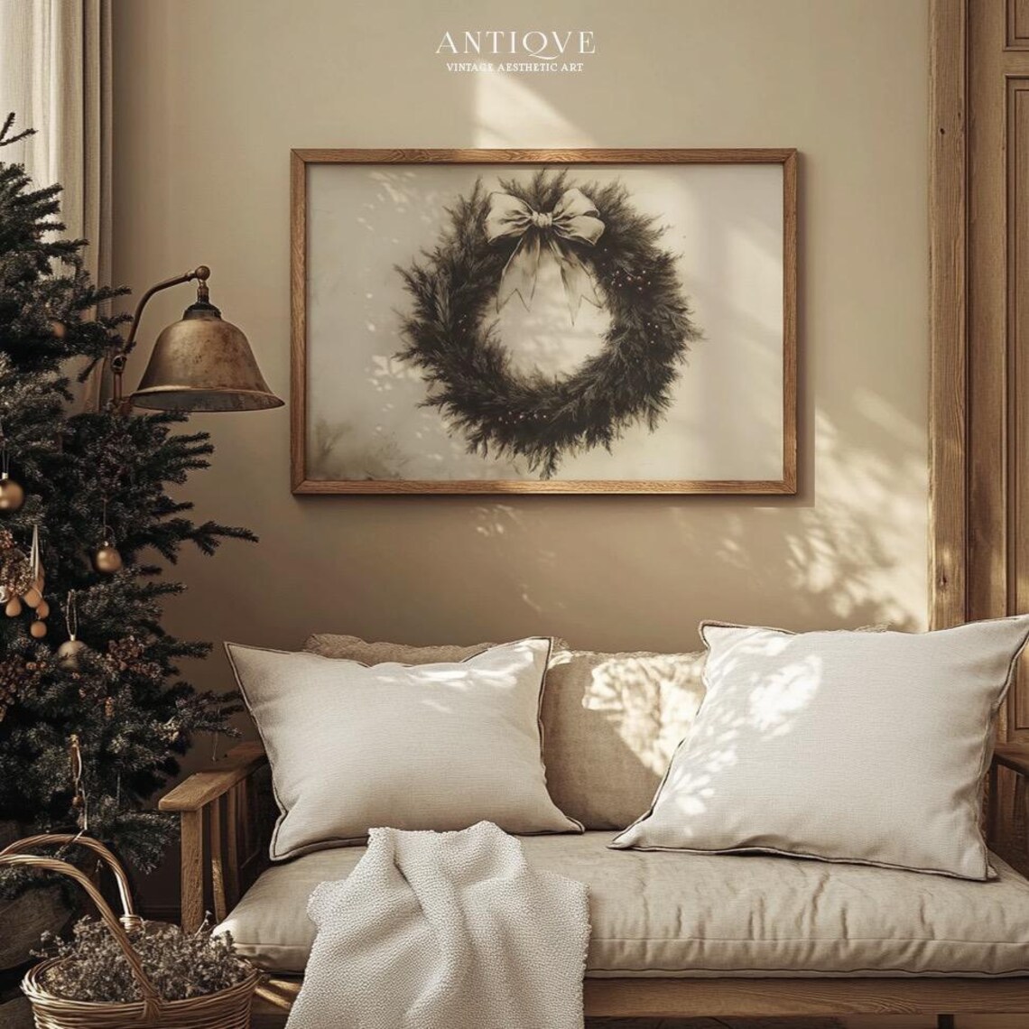 Christmas Wreath With Bow Sketch, Rustic Holiday Art - Image 4