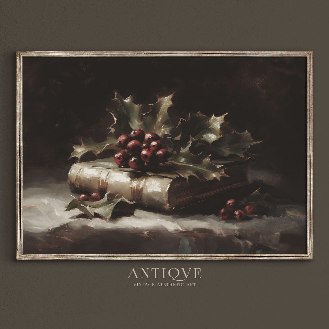 Moody Christmas Book And Holly Berries, Rustic Decor