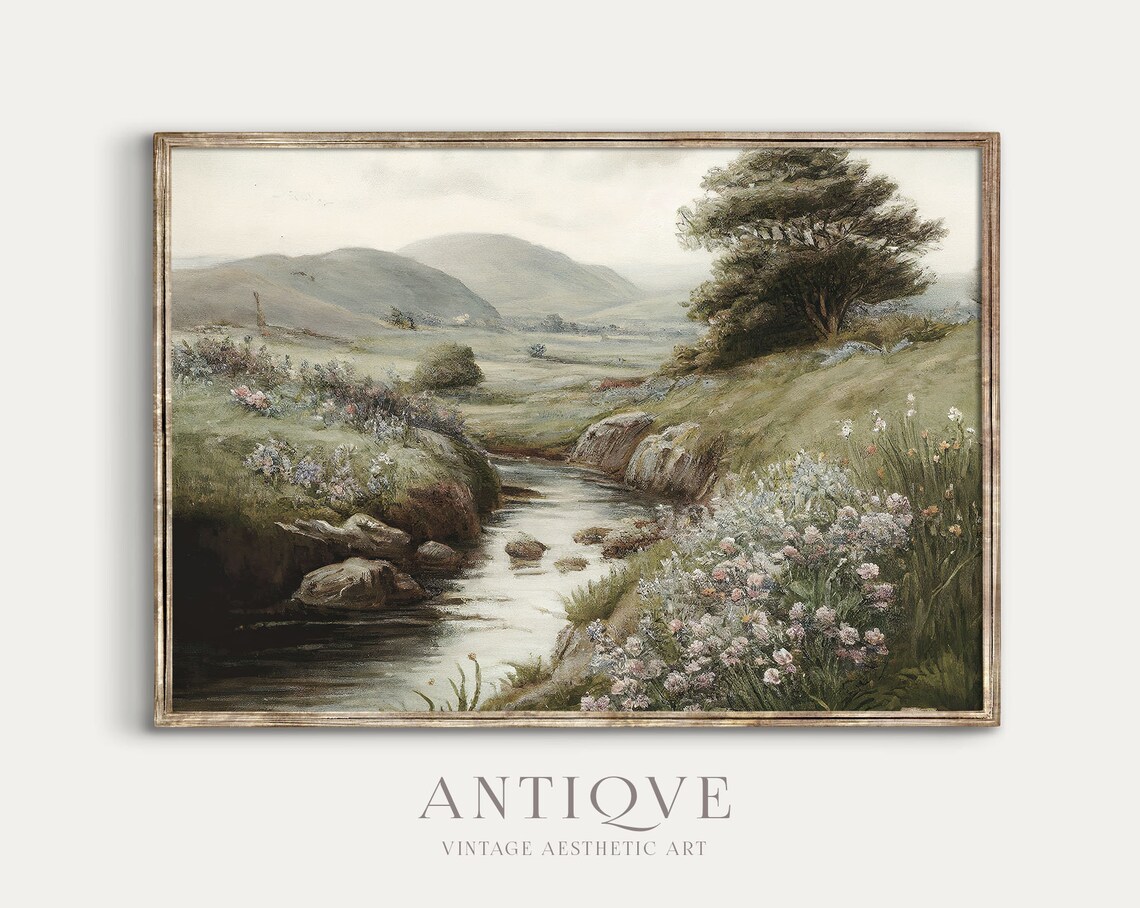 Irish Landscape Painting Stream With Flowers Art Print - Image 2