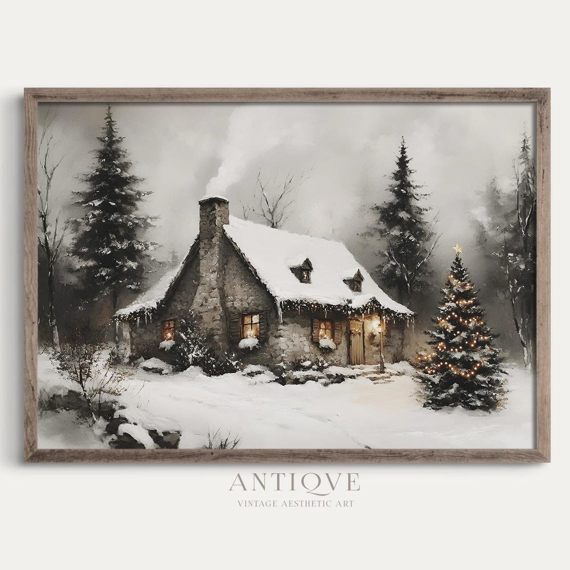 Snowy Stone Cottage With Glowing Christmas Tree Winter Night Poster