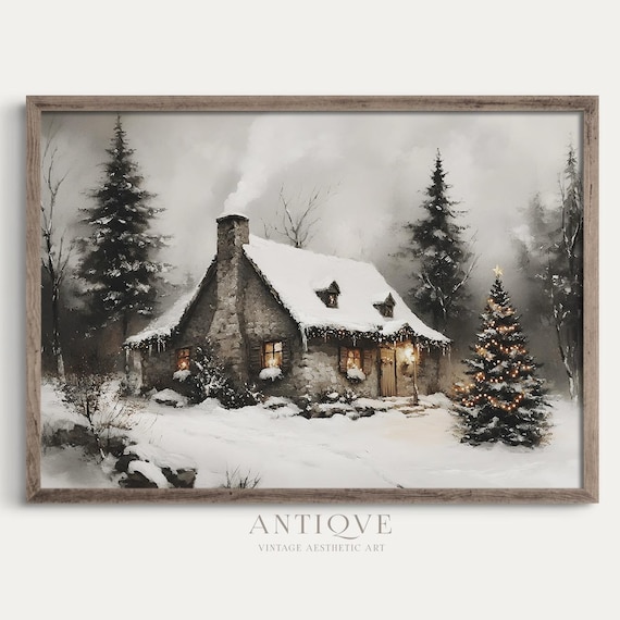 Snowy Stone Cottage With Glowing Christmas Tree Winter Night Poster