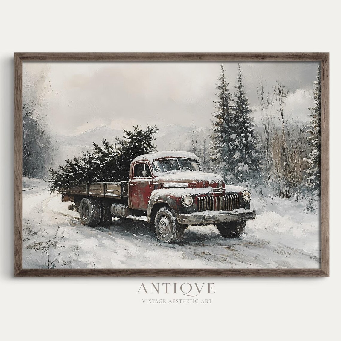Vintage Red Truck Hauling Christmas Tree Snowy Farmhouse Wall Art